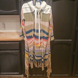NWOT Free People Boho Hooded Maxi Fringed Multicolor Striped Duster Cardigan